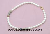 CFN357 9 - 10mm rice white freshwater pearl & serpentine jasper necklace wholesale