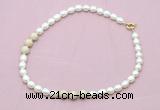 CFN359 9 - 10mm rice white freshwater pearl & white fossil jasper necklace wholesale