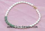 CFN402 9-10mm rice white freshwater pearl & green aventurine necklace