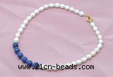 CFN403 9-10mm rice white freshwater pearl & lapis lazuli necklace