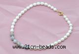 CFN404 9-10mm rice white freshwater pearl & grey banded agate necklace