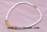 CFN405 9-10mm rice white freshwater pearl & yellow banded agate necklace