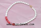 CFN406 9-10mm rice white freshwater pearl & red banded agate necklace