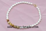 CFN409 9-10mm rice white freshwater pearl & golden tiger eye necklace