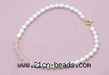 CFN414 9 - 10mm rice white freshwater pearl & rose quartz necklace