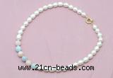 CFN415 9 - 10mm rice white freshwater pearl & morganite necklace