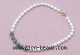 CFN418 9 - 10mm rice white freshwater pearl & labradorite necklace