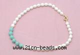 CFN421 9 - 10mm rice white freshwater pearl & amazonite necklace