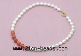 CFN424 9 - 10mm rice white freshwater pearl & fire agate necklace wholesale