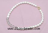 CFN431 9 - 10mm rice white freshwater pearl & white crystal necklace