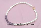 CFN432 9 - 10mm rice white freshwater pearl & amethyst gemstone necklace