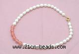 CFN434 9 - 10mm rice white freshwater pearl & cherry quartz necklace