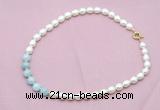 CFN435 9 - 10mm rice white freshwater pearl & aquamarine gemstone necklace