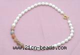 CFN437 9 - 10mm rice white freshwater pearl & rainbow moonstone necklace