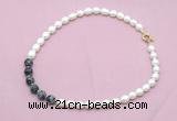 CFN439 9 - 10mm rice white freshwater pearl & snowflake obsidian necklace