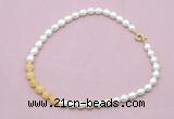 CFN442 9 - 10mm rice white freshwater pearl & honey jade necklace