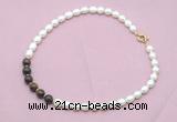 CFN446 9 - 10mm rice white freshwater pearl & bronzite gemstone necklace