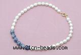 CFN450 9 - 10mm rice white freshwater pearl & blue spot stone necklace