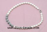 CFN458 9 - 10mm rice white freshwater pearl & grey picture jasper necklace