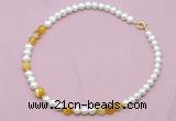 CFN522 9mm - 10mm potato white freshwater pearl & yellow banded agate necklace