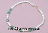 CFN524 9mm - 10mm potato white freshwater pearl & green banded agate necklace