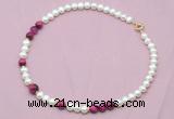 CFN527 9mm - 10mm potato white freshwater pearl & red tiger eye necklace