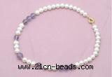 CFN532 9mm - 10mm potato white freshwater pearl & amethyst gemstone necklace