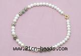 CFN552 9mm - 10mm potato white freshwater pearl & feldspar necklace