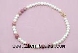 CFN553 9mm - 10mm potato white freshwater pearl & pink wooden jasper necklace