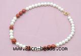 CFN561 9mm - 10mm potato white freshwater pearl & red jasper necklace