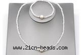 CFN601 4mm faceted round white moonstone & potato white freshwater pearl jewelry set