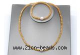 CFN622 4mm faceted round yellow jade & potato white freshwater pearl jewelry set