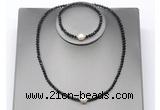 CFN627 4mm faceted round black spinel & potato white freshwater pearl jewelry set