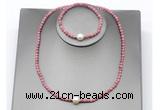 CFN642 4mm faceted round pink wooden jasper & potato white freshwater pearl jewelry set