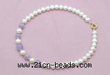 CFN705 9mm - 10mm potato white freshwater pearl & lavender amethyst necklace