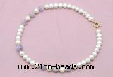 CFN707 9mm - 10mm potato white freshwater pearl & lavender amethyst necklace