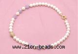 CFN709 9mm - 10mm potato white freshwater pearl & lavender amethyst necklace