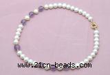 CFN712 9mm - 10mm potato white freshwater pearl & amethyst necklace