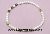 CFN714 9mm - 10mm potato white freshwater pearl & smoky quartz necklace