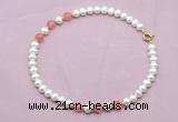 CFN715 9mm - 10mm potato white freshwater pearl & cherry quartz necklace