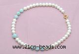 CFN716 9mm - 10mm potato white freshwater pearl & aquamarine necklace