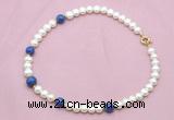 CFN724 9mm - 10mm potato white freshwater pearl & lapis lazuli necklace