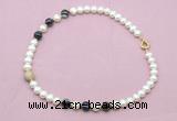 CFN733 9mm - 10mm potato white freshwater pearl & black banded agate necklace