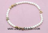 CFN734 9mm - 10mm potato white freshwater pearl & yellow crazy lace agate necklace