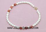 CFN737 9mm - 10mm potato white freshwater pearl & fire agate necklace