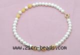 CFN740 9mm - 10mm potato white freshwater pearl & honey jade necklace