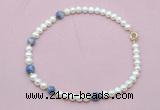 CFN742 9mm - 10mm potato white freshwater pearl & blue spot stone necklace