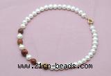 CFN757 9mm - 10mm potato white freshwater pearl & picasso jasper necklace