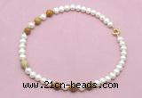 CFN758 9mm - 10mm potato white freshwater pearl & wooden jasper necklace