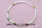 CFN761 9mm - 10mm potato white freshwater pearl & serpentine jasper necklace